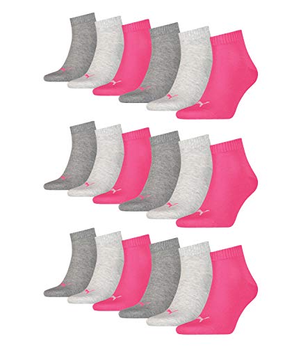 PUMA 18 Paar Unisex Quarter Socken Sneaker Gr. 35-49 für Damen Herren Füßlinge, Farbe:656 - middle grey mélange/pink, Socken & Strümpfe:35-38 von PUMA