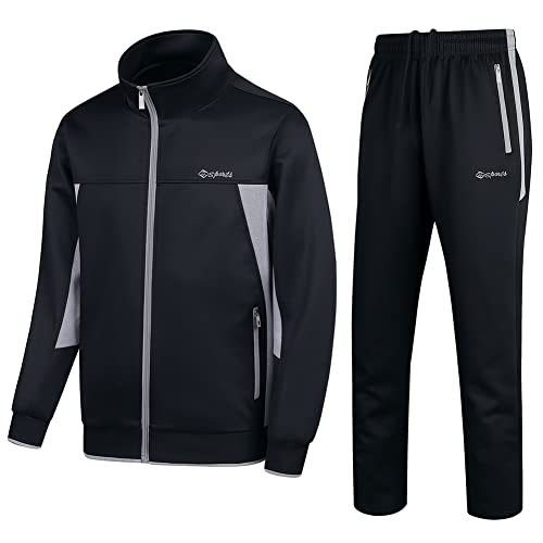 PUMPITU Herren Casual Athletic Trainingsanzug Langarm Sweatsuit Set Full Zip Running Sport Jacke und Hose 2 Stück Outfits, Schwarz+ Grau, Large von PUMPITU