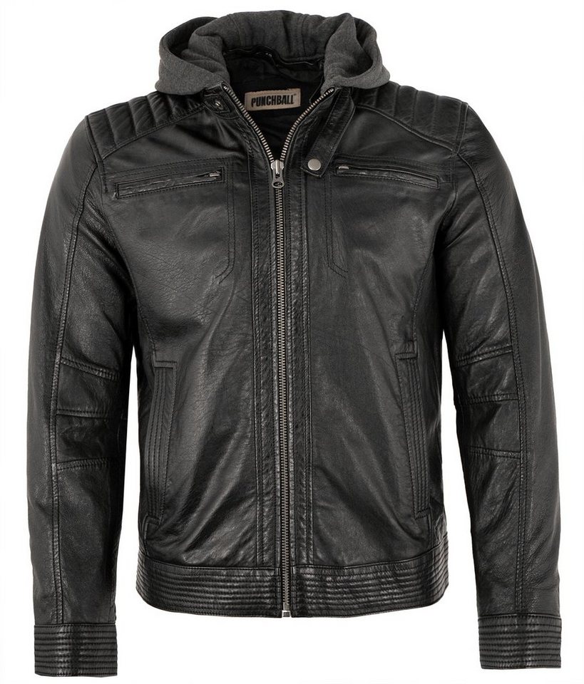 PUNCHBALL Lederjacke PB-HW 22-502 Echtleder Herren Lederjacke Bikerjacke Kapuze Lammnappa schwarz von PUNCHBALL