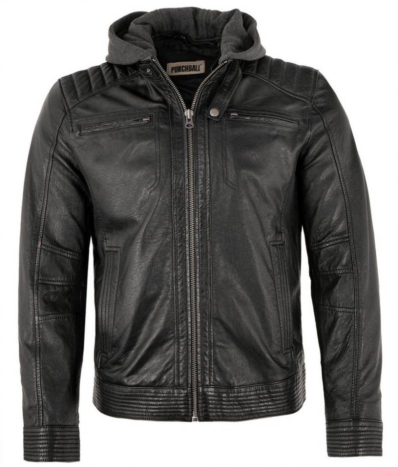 PUNCHBALL Lederjacke PB-HW 22-502 Punchball - Herren Lederjacke Bikerjacke Kapuze Lammnappa schwarz von PUNCHBALL