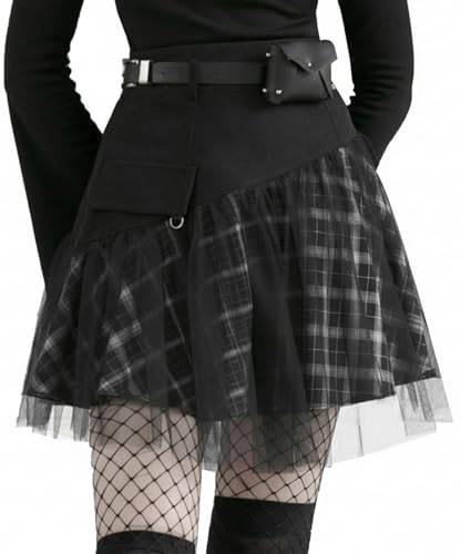 PUNK RAVE DAILY Damen Hohe Taille Rock Plissee A Linie Rock mit Tüll, schwarz, Groß von PUNK RAVE DAILY