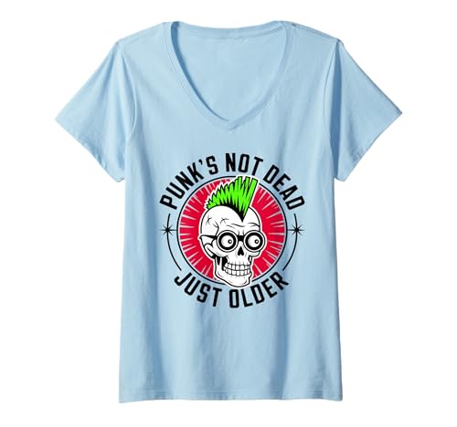 Damen Punk’S NOT Dead - JUST Older X Skelett Schädel Punk Punker T-Shirt mit V-Ausschnitt von PUNK’S NOT DEAD JUST OLDER. Cooles Skelett Schädel