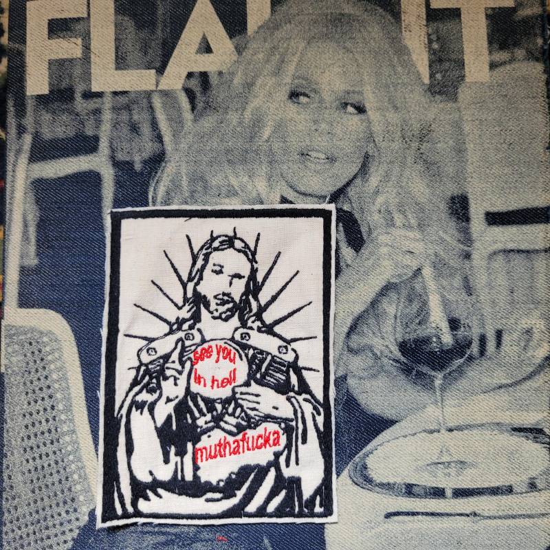 Seltener Bestickter Aufnäher "Jesus See You in The Hell Muthafuka" Auf Altem Baumwollstoff von PUNKandCOTON