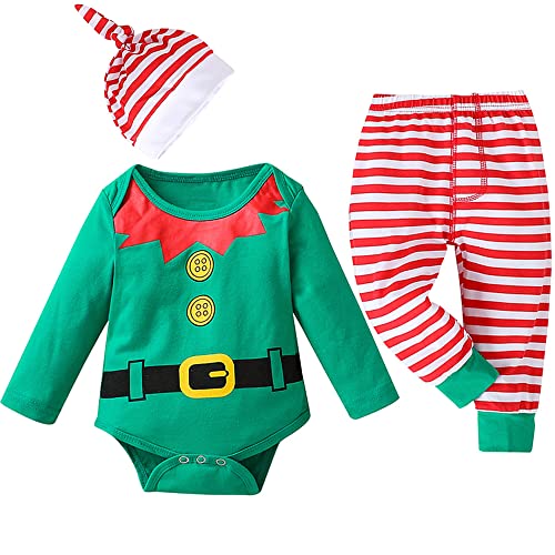 PUPYGIYUC Baby Jungen Elf Kostüme Kleinkind Weihnachten Outfits Lange Ärmel Strampler mit rot gestreiften Hosen Hut 3PCS Set 3-6 Monate von PUPYGIYUC