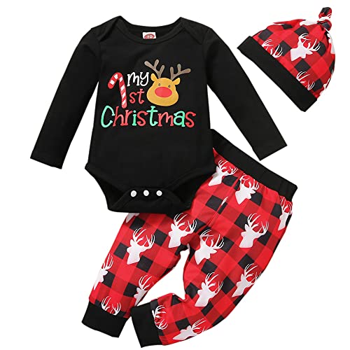 PUPYGIYUC Baby Jungen Weihnachten Outfits Kleinkind Meine 1st Weihnachten Hirsch Schwarz Strampler+ Rot Plaid Hosen, Hut 3 Pcs Kleidung Sets 3-6 Monate von PUPYGIYUC