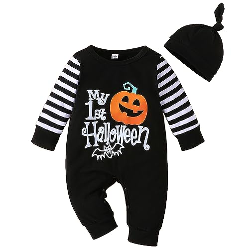 PUPYGIYUC Baby Kürbis Kostüm Strampler Mit Hut Halloween Unisex Schwarz 6-9 Monate von PUPYGIYUC