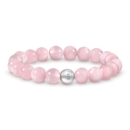 PURAJA Edelstein Armband aus echtem Naturstein | 8mm Kugelarmband mit 925 Sterling Silberperle (Rosenquarz) von PURAJA