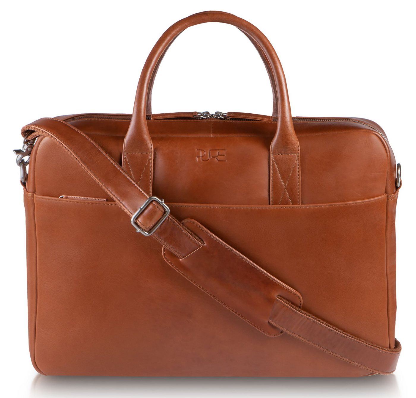 PURE Studios Aktentasche Laptoptasche NAOS Cognac, Echtleder Businesstasche bis 15,6 Zoll Umhängetasche Herren von PURE Studios