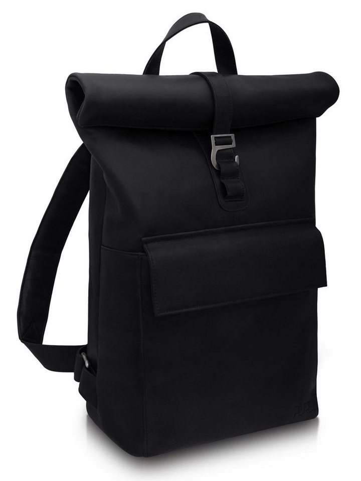 PURE Studios Laptoprucksack Rucksack POLIS Midnight Black, Echtleder Rolltop Backpack Lederrucksack für Notebooks bis 15,6 Zoll von PURE Studios