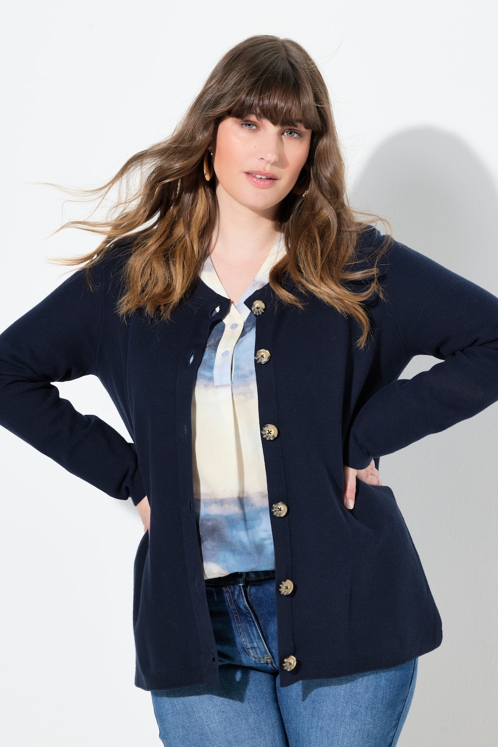 Große Größen Strickjacke, Damen, blau, Größe: 50/52, Baumwolle, Ulla Popken von PURE