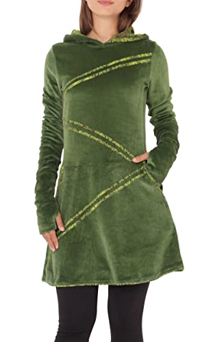 PUREWONDER Damen Kleid Samt Winterkleid mit Applikationen und Taschen dr18 Grün L von PUREWONDER