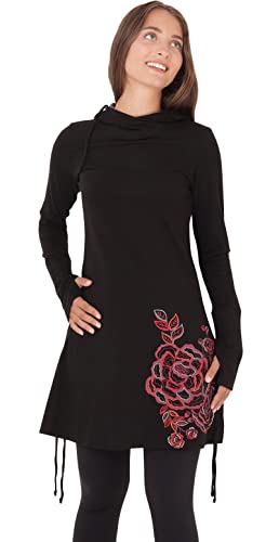 PUREWONDER Damen Kleid aus Jersey mit Blumen-Print und Kapuze dr132 Schwarz L von PUREWONDER