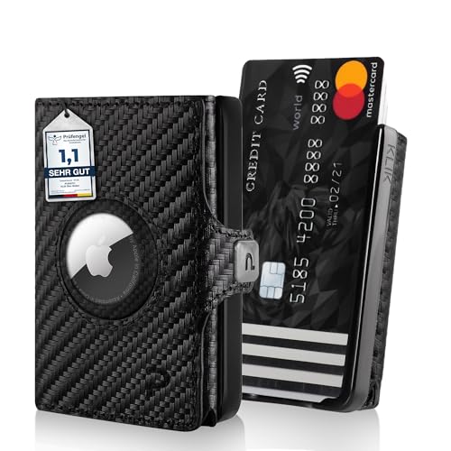 PURISTO KLIK Minimal AirTag Wallet mit Münzfach - Mini Kreditkartenetui und Geldbeutel für Herren aus Echtleder - Kleines Kartenetui mit RFID Schutz für 6-8 Karten - Carbon von PURISTO