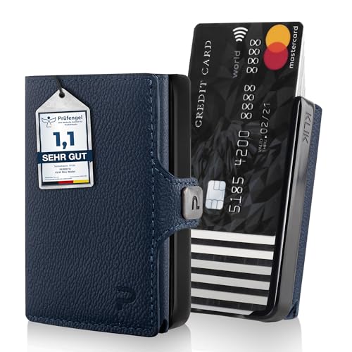 PURISTO KLIK Minimal Slim Wallet mit Münzfach - Mini Geldbörse und Kreditkartenetui für Herren aus Echtleder - Kleiner Credit Card Holder mit RFID Schutz für 8-12 Karten - Dunkelblau von PURISTO