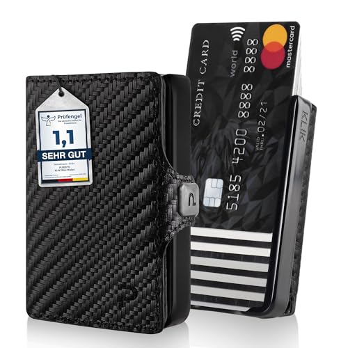 PURISTO KLIK Minimal Slim Wallet - Mini Portemonnaie und Geldbeutel für Herren aus Echtleder - Kleines Kartenetui mit RFID Schutz für 10-12 Karten - Carbon von PURISTO