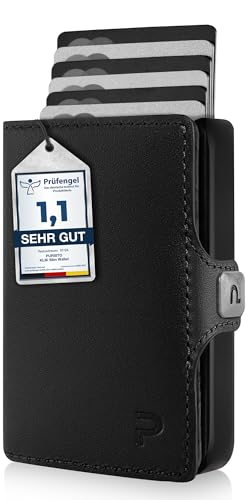PURISTO KLIK Minimal Slim Wallet - Mini Kreditkartenetui und Geldbörse für Herren aus Echtleder - Kleiner Credit Card Holder mit RFID Schutz für 10-12 Karten - Schwarz von PURISTO