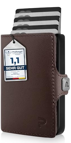 PURISTO KLIK Minimal Slim Wallet - Mini Geldbeutel und Kreditkartenetui für Herren aus Echtleder - Kleiner Credit Card Holder mit RFID Schutz für 6-8 Karten - Dunkelbraun von PURISTO