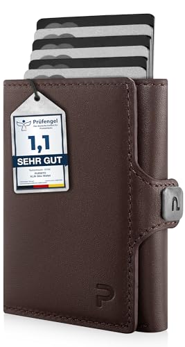 PURISTO KLIK Classic Slim Wallet mit Münzfach - Mini-Geldbörse für Herren aus Echtleder - Kleines Kartenetui mit RFID-Schutz für 10-14 Karten - Dunkelbraun von PURISTO