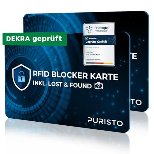 PURISTO® RFID Blocker Karte (2er Set) - DEKRA geprüft - 2in1 inkl. Lost & Found Service - NFC Schutz für Kreditkarten, EC Karten & Ausweise - Ultra-dünner Data Blocker - Portemonnaie RFID-Blocker von PURISTO