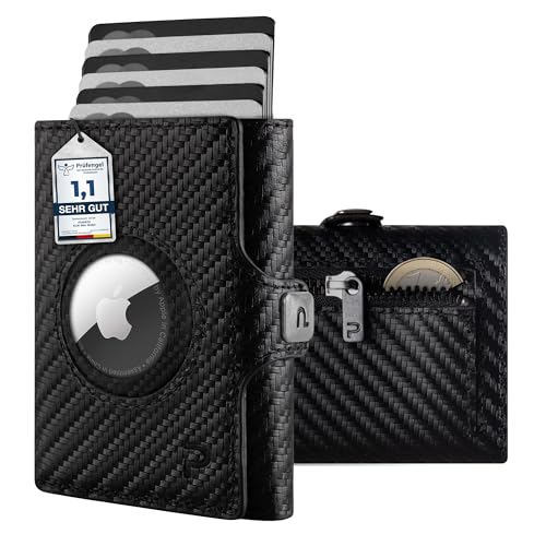 PURISTO KLIK Classic AirTag Wallet mit Münzfach - Mini-Geldbörse für Herren aus Echtleder - Kleines Kartenetui mit RFID-Schutz für 10-14 Karten - Carbon von PURISTO
