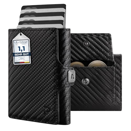 PURISTO KLIK Classic Slim Wallet mit Münzfach - Mini-Geldbörse für Herren aus Echtleder - Kleines Kartenetui mit RFID-Schutz für 10-14 Karten - Carbon von PURISTO
