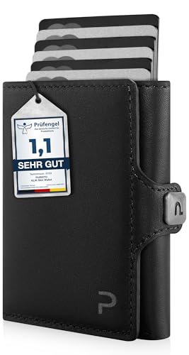 PURISTO KLIK Classic Slim Wallet mit Münzfach - Mini-Geldbörse für Herren aus veganem Leder - Kleines Kartenetui mit RFID-Schutz für 10-14 Karten - Schwarz Vegan von PURISTO