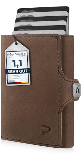 PURISTO KLIK Classic Slim Wallet mit Münzfach - Mini-Geldbörse für Herren aus Echtleder - Kleines Kartenetui mit RFID-Schutz für 10-14 Karten - Braun Vintage von PURISTO