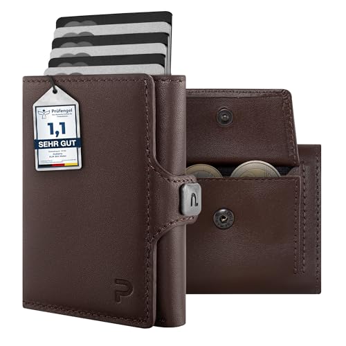 PURISTO KLIK Classic Slim Wallet mit Münzfach - Mini-Geldbörse für Herren aus Echtleder - Kleines Kartenetui mit RFID-Schutz für 10-14 Karten - Dunkelbraun von PURISTO