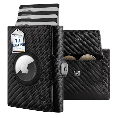 PURISTO KLIK Classic AirTag Wallet mit Münzfach - Mini-Geldbörse für Herren aus Echtleder - Kleines Kartenetui mit RFID-Schutz für 10-14 Karten - Carbon von PURISTO