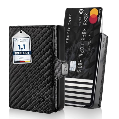 PURISTO KLIK Minimal Slim Wallet mit Münzfach - Mini Geldbeutel und Kreditkartenetui für Herren aus Echtleder - Kleines Portemonnaie mit RFID Schutz für 10-12 Karten - Carbon von PURISTO