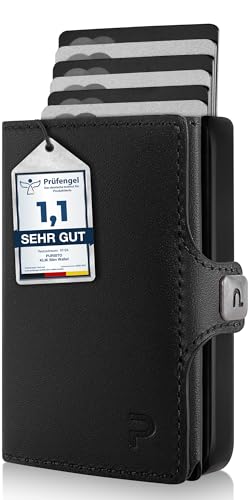 PURISTO KLIK Minimal Slim Wallet mit Münzfach - Mini Kartenetui und Geldbörse für Herren aus Echtleder - Kleiner Credit Card Holder mit RFID Schutz für 10-12 Karten - Schwarz von PURISTO