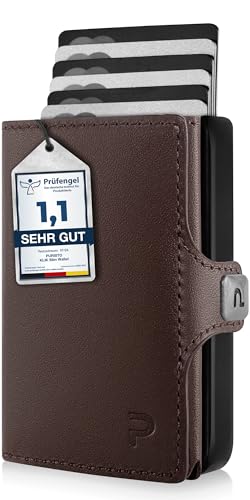 PURISTO KLIK Minimal Slim Wallet mit Münzfach - Mini Portemonnaie und Geldbeutel für Herren aus Echtleder - Kleines Kartenetui mit RFID Schutz für 10-12 Karten - Dunkelbraun von PURISTO