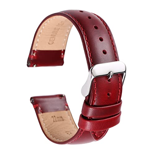 PURPLE FURZE Uhrenarmbänder aus echtem Leder mit Schnellverschluss, Ersatz-Armband für Damen und Herren, 14 mm, 16 mm, 17 mm, 18 mm, 19 mm, 20 mm, zweiteiliges Unisex-Band (24 mm, Rubino/Silber) von PURPLE FURZE