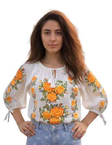 PURPLE TOMATO Traditionelle rumänische Damenbluse mit Stickerei, Gelbe Blumen, L von PURPLE TOMATO