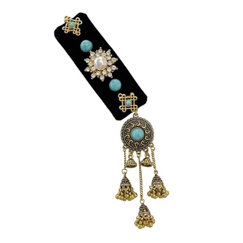 Haarteil aus schwarzem Samt, ethnische Haarspange mit blauem Türkis und fließenden Quasten, traditioneller Brautschmuck von PURPLELILY