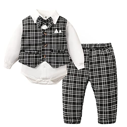 PURSKYY Baby Junge Anzug, Neugeborene Hochzeit Kleidung, West+Hemd+Fliege+Hosen, Winter Herbst Taufe Bekleidungssets Outfit, 12-24 Monate, Schwarz+Weiß von PURSKYY