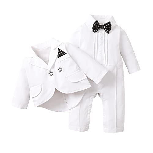 PURSKYY Neugeborenes Taufanzug Smoking Taufe Hochzeit Kleidung Sets Strampler Hemd + Jacke + Fliege 3pcs Säugling Baby Jungen Blazer Outfit Gentleman Anzug, Reines Weiß, 18-24 Monate von PURSKYY