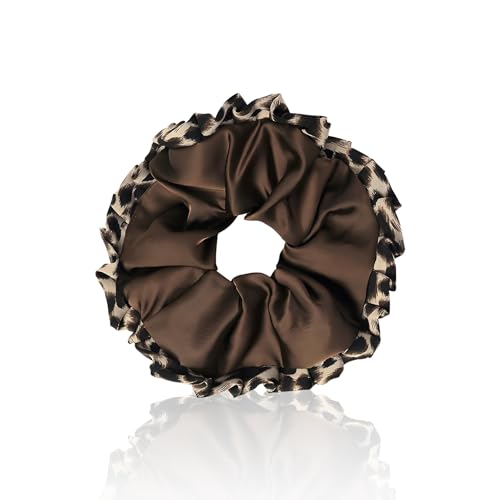 PUSCOBSY Satin Haargummi für Damen, Stoff Leopardenmuster Haargummis Scrunchie Ohne Haarbruch, Groß Leo Scrunchies für Dickes Haar Dünnes Haar, Braun von PUSCOBSY