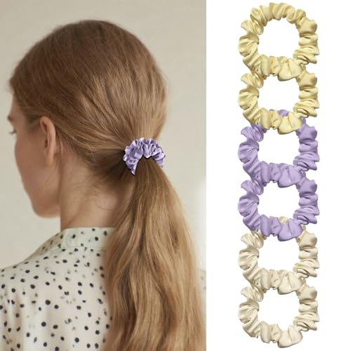 PUSCOBSY Satin Scrunchies Haargummi Damen, Elastische Scrunchie ohne Haarbruch, Klein Haargummis für Dickes Haar Dünnes Haar, 6 Stück Beige Violett Gelb von PUSCOBSY