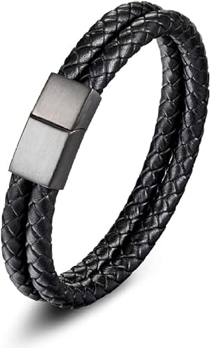 Moderne Ringe Lederarmbänder for Herren, schwarzes doppellagiges Leder-Wickelarmband, geflochtenes Armband/Edelstahlring mit Magnetverschluss/schwarzes Lederarmband/Charm-Schmuck for Damen und Herren, von PUTOVA