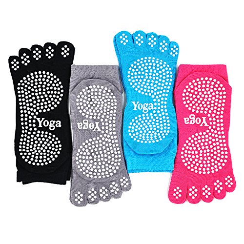 Damen Yogasocken Rutschfeste Sportsocken mit Gummisohlen, Damen Zehensocken für Pilates Yoga Tanz Gym Kampfsport, 4 Paare von PUTUO