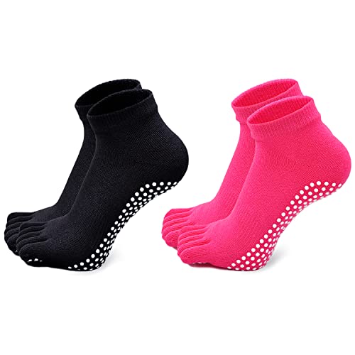 Damen Yogasocken rutschfeste Sportsocken mit Gummisohlen, Damen Zehensocken für Pilates Yoga Tanz Gym Kampfsport, 2 Paare von PUTUO