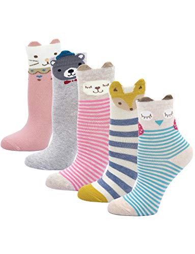 PUTUO Kinder Socken Bunt Gemustert Kleinkind Mädchen Socken aus Baumwolle Nette Karikatur Tier Socken, 5-7 Jahre, Tiermuster-5 Paare von PUTUO