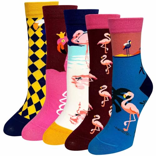 Lustige Socken Damen Bunte Socken aus Baumwolle, Witzige Socken Damen Tier Socken Frauen Weihnachtssocken, 5 Paare, EU 37-43 (Flamingo) von PUTUO