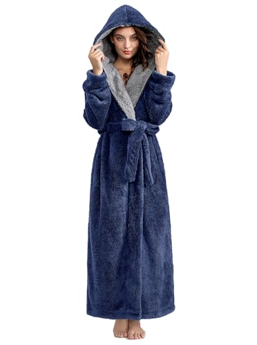 PUTUO Bademantel Damen Flauschig Lang: Winter Morgenmantel Frauen Fleece Warm Mikrofaser Frottee Saunamantel mit Kapuze Bodenlanger Schlafmantel M von PUTUO