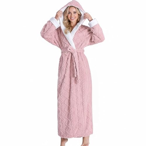 PUTUO Bademantel Damen Lang mit Kapuze: Flauschig Morgenmantel aus dicker Microfaser Fleece für Frauen – Kuscheliger Plüsch Saunamantel für Winter – Weich & Warm Rosa L von PUTUO