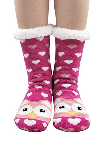 PUTUO Damen Stoppersocken dicke Haussocken mit Anti Rutsch Sohle, Damen ABS Socken Hüttensocken warme Wintersocken flauschig Thermo-Socken mit Innenfrottee (Eule, EU 36-41) von PUTUO