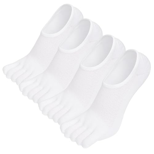 PUTUO Herren Zehensocken Usichtbare Socken: Sneaker Socken Baumwolle mit Fünf Finger für Männer Füßlinge Kurz Sneakersocken mit Anti Rutsch Silikonpad EU 39-42, Weiß-4Paar von PUTUO