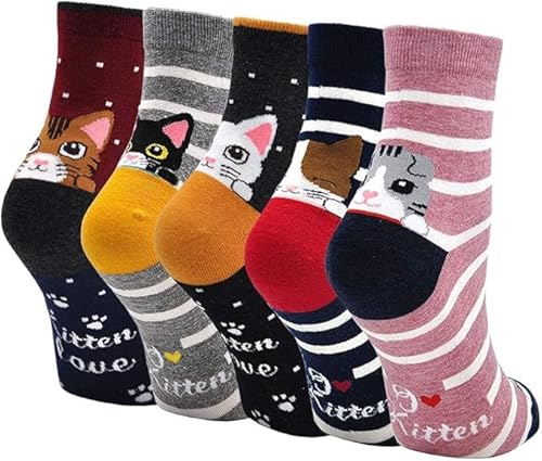 PUTUO Kinder Mädchen Socken Kindersocken: Mädchen Lustige Socken aus Baumwolle Kinder Bunt Tiere Gemustert Strümpfe größe 31-34 Zeichentrickkatze 5 Paare von PUTUO