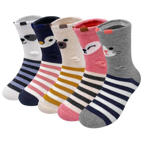 PUTUO Kinder Mädchen Socken Kindersocken: Mädchen Lustige Socken aus Baumwolle Kinder Bunt Tiere Gemustert Strümpfe größe 35-38 Gestreift 5 Paare von PUTUO